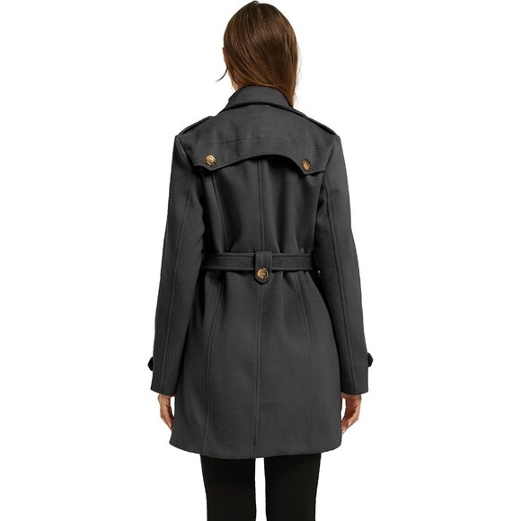 Women's Double Breasted Pea Coat Winter Mid-Long Trench Coat with Belt - Picture 4 of 6